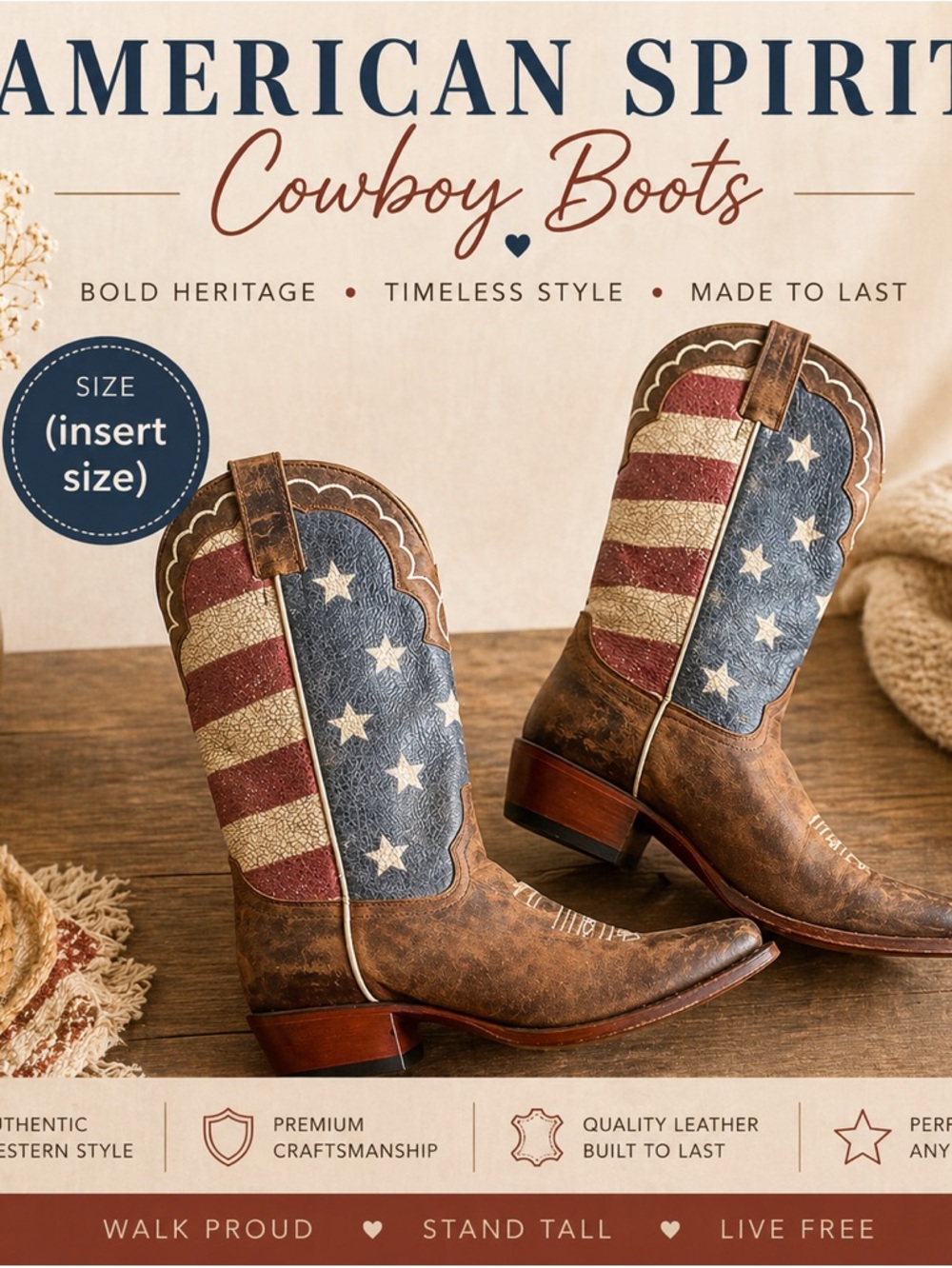 Western Flag Print Cowboy Boots - Brown with Red, White & Blue